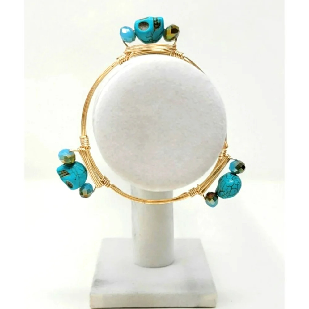 Gold tone Wire Wrapped Howlite Turquoise Look Skull Bangle Bracelet